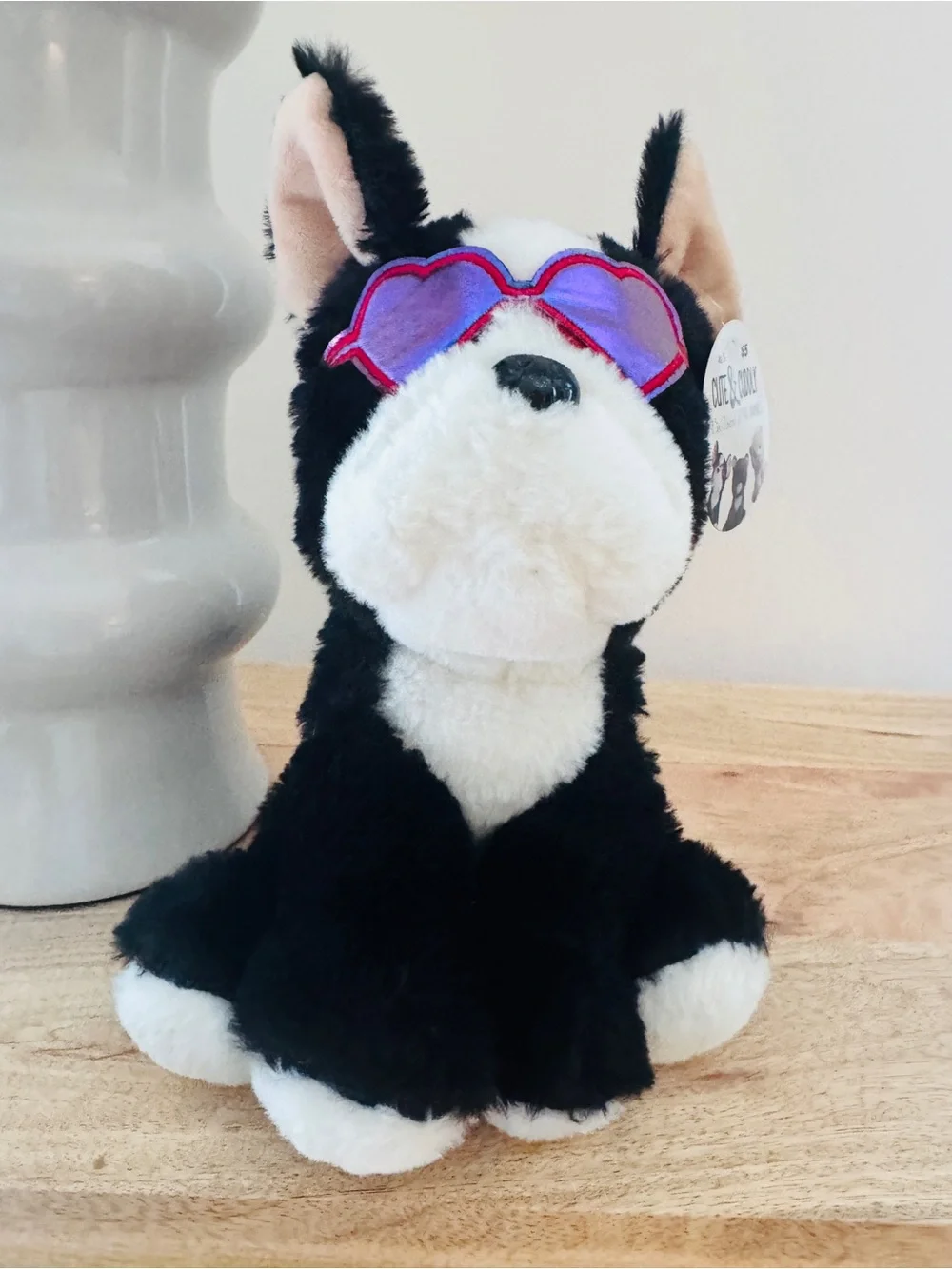 Black & White Plush Dog with Heart Sunglasses - Stuffed Animal